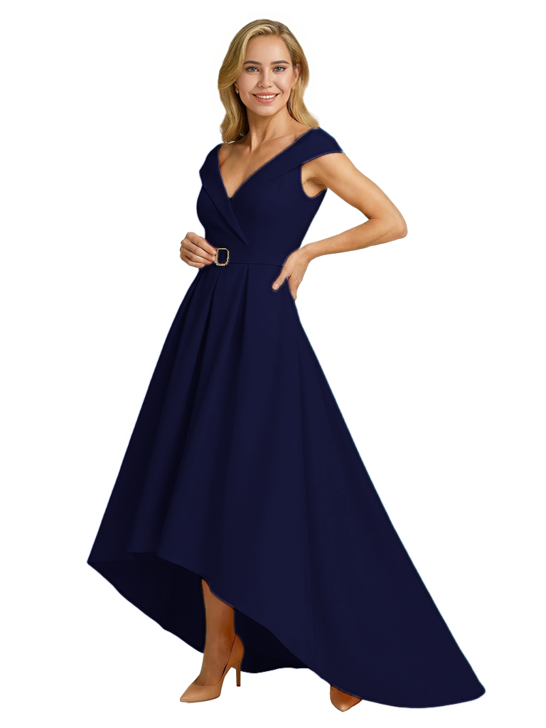 Mother of The Groom Dress Fancy Cap Sleeve Crepe High-Low A-Line Gown Elegant Belt Accent