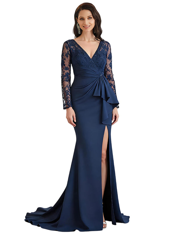 Elegant V-neck Long Sleeves Mermaid Slit Ruffles Crepe Mother Of The Bride Dresses