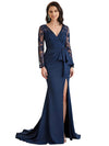 Elegant V-neck Long Sleeves Mermaid Slit Ruffles Crepe Mother Of The Bride Dresses