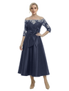 Unique Off Shoulder Tea-Length Satin Mother Of The Bride Dress With Lace Illusion