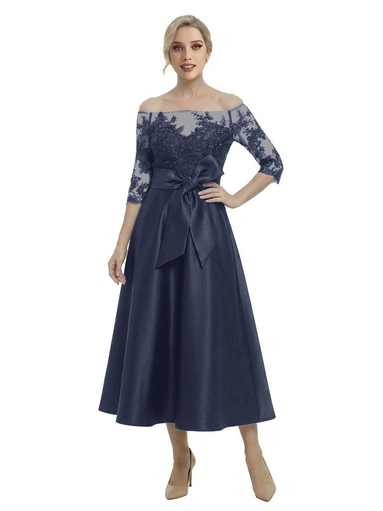 Unique Off Shoulder Tea-Length Satin Mother Of The Bride Dress With Lace Illusion