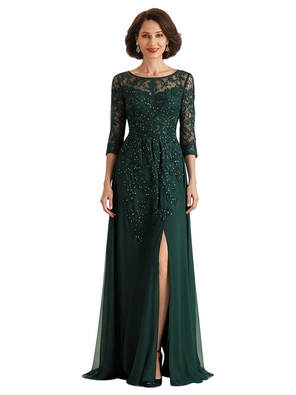 Elegant A-line Scoop Chiffon Lace Long Sleeves Mother of the Brides and Groom Dresses
