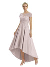 Elegant Mother of The Bride Dress Scoop Short Sleeve Lace Satin High-Low A-Line Gown