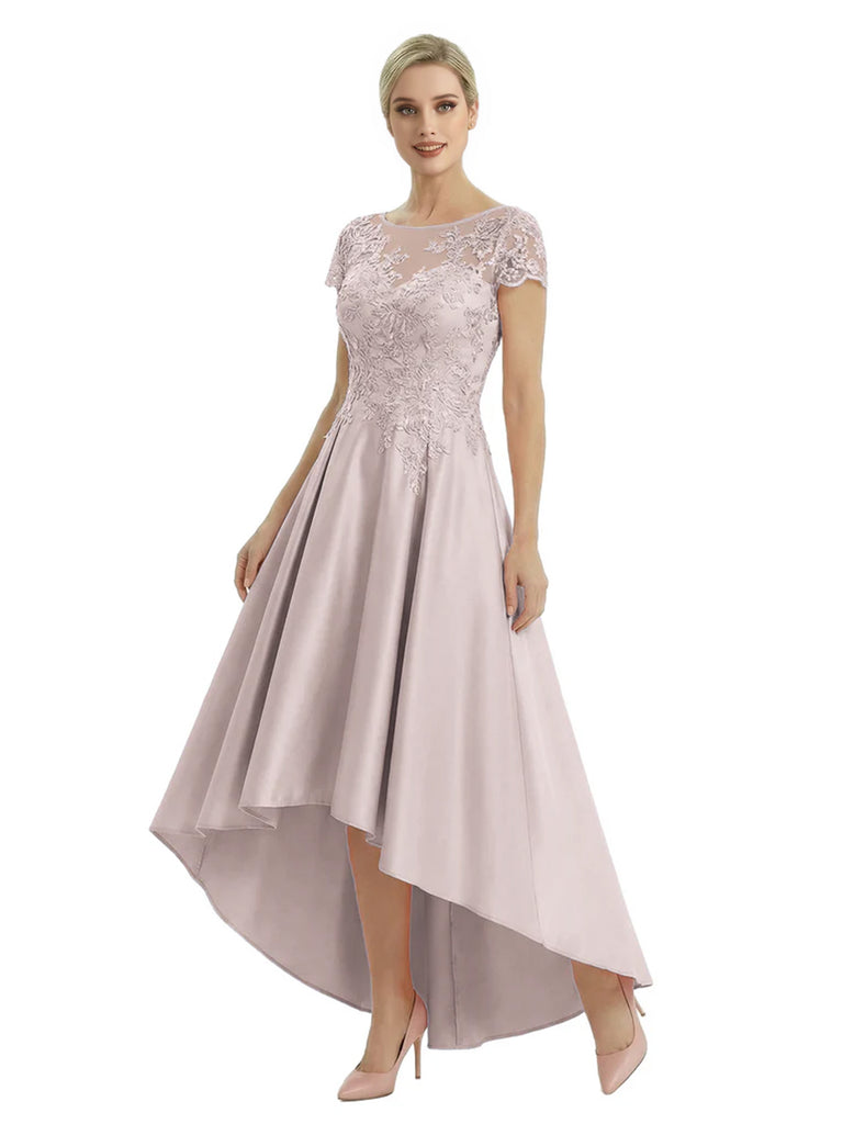 Elegant Mother of The Bride Dress Scoop Short Sleeve Lace Satin High-Low A-Line Gown