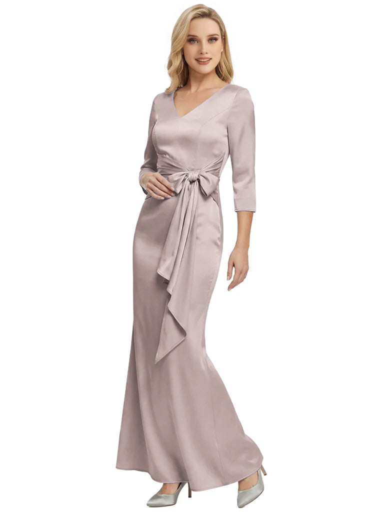 Mother of The Bride Dress Elegant V-Neck 3/4 Sleeve Satin Trumpet Maxi Gown