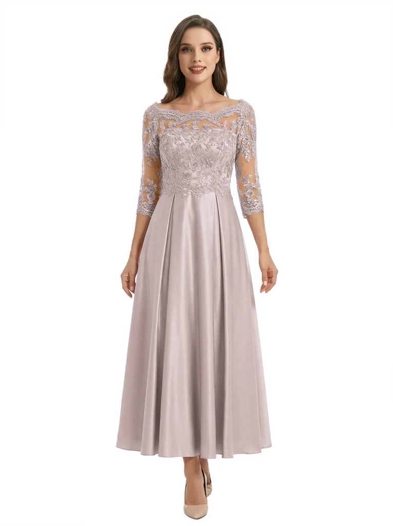 Mother of The Groom Dress Off Shoulder 3/4 Sleeve Lace Satin Midi Gown Classy Pleated