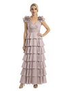 Mother of The Bride Dresses V-Neck Sleeveless Satin Tiered Maxi Gown Unique Flower Detailed Formal Wedding Event Attire