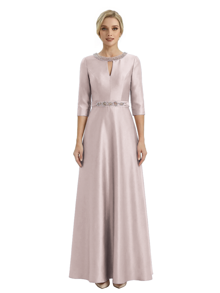 Sophisticated 3/4 Sleeves Beaded A-Line Satin Mother Of The Bride Dress