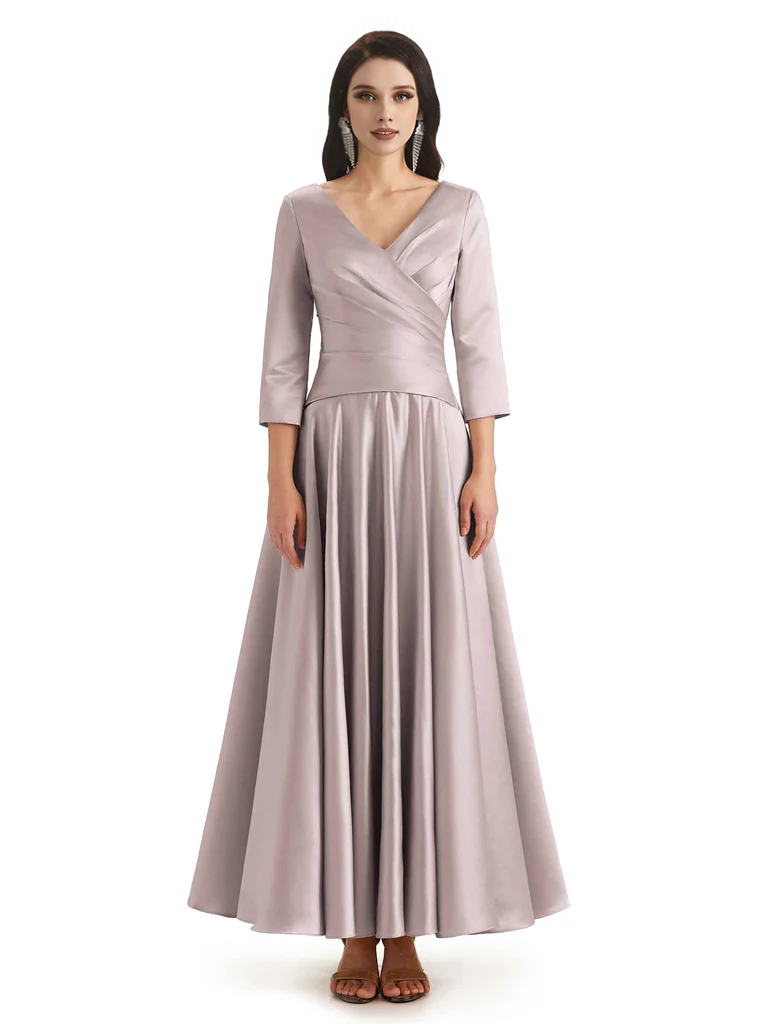 Elegant Soft Satin 3/4 Sleeves V-Neck Ankle Length Mother of The Bride Dresses
