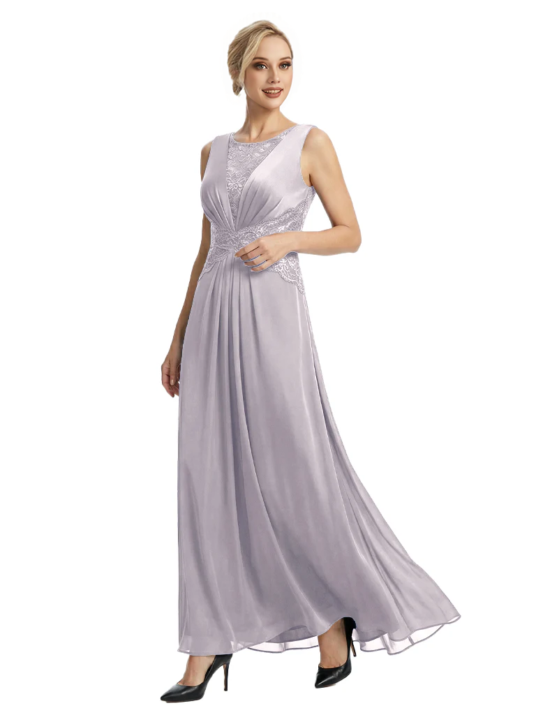 Mother of The Bride Dresses Scoop Sleeveless Lace Chiffon Maxi Gown Classy Ruched Formal Wedding Event Dress