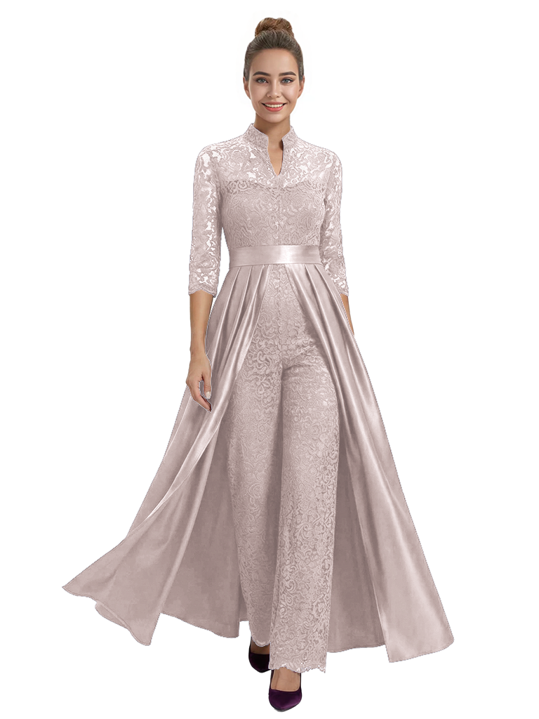 Mother of The Groom Outfit V-Neck 3/4 Sleeve Lace Pantsuit Satin Overskirt