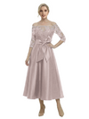 Unique Off Shoulder Tea-Length Satin Mother Of The Bride Dress With Lace Illusion