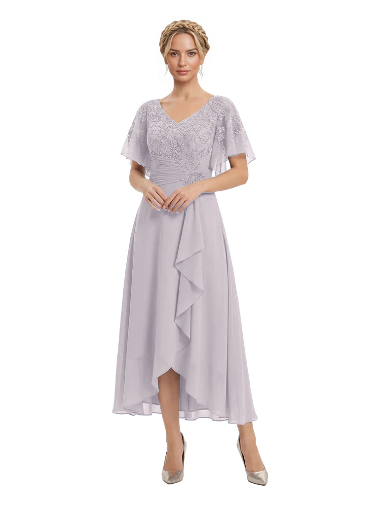 Unique Flutter Sleeves Lace Beaded Short Mother of the Groom Dresses