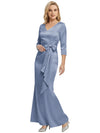 Mother of The Bride Dress Elegant V-Neck 3/4 Sleeve Satin Trumpet Maxi Gown