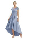 Elegant Mother of The Bride Dress Scoop Short Sleeve Lace Satin High-Low A-Line Gown