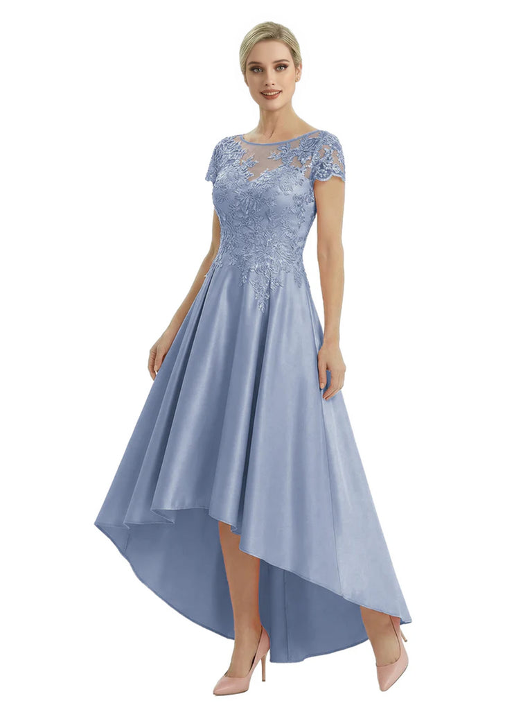 Elegant Mother of The Bride Dress Scoop Short Sleeve Lace Satin High-Low A-Line Gown