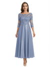 Mother of The Groom Dress Off Shoulder 3/4 Sleeve Lace Satin Midi Gown Classy Pleated
