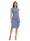 Mother of The Bride Dress Beautiful Jewel Cap Sleeve Crepe Sheath Midi Gown Ruffled Stylish Design