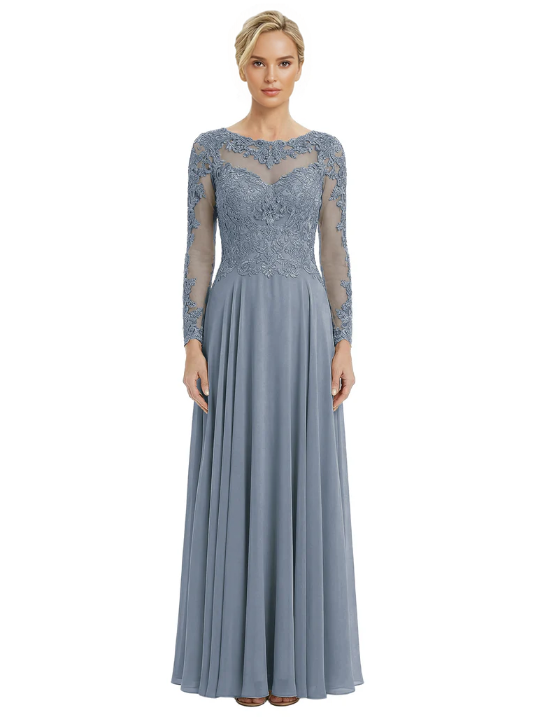 Mother of The Bride Dresses Scoop Long Sleeve Lace Chiffon Maxi Gown Pretty Embroidered Formal Wedding Event Attire