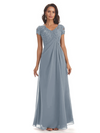 Elegant Short Sleeves Beaded Pleats A-line Floor-Length Mother of The Bride Dresses