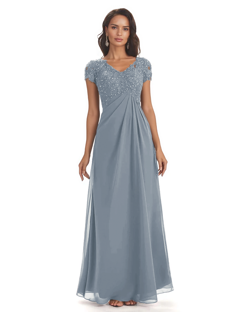 Elegant Short Sleeves Beaded Pleats A-line Floor-Length Mother of The Bride Dresses