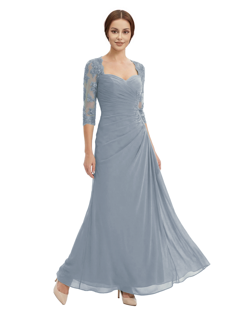 Sweetheart Ruched Lace 3/4 Sleeves A-Line Chiffon Mother Of The Groom Dress