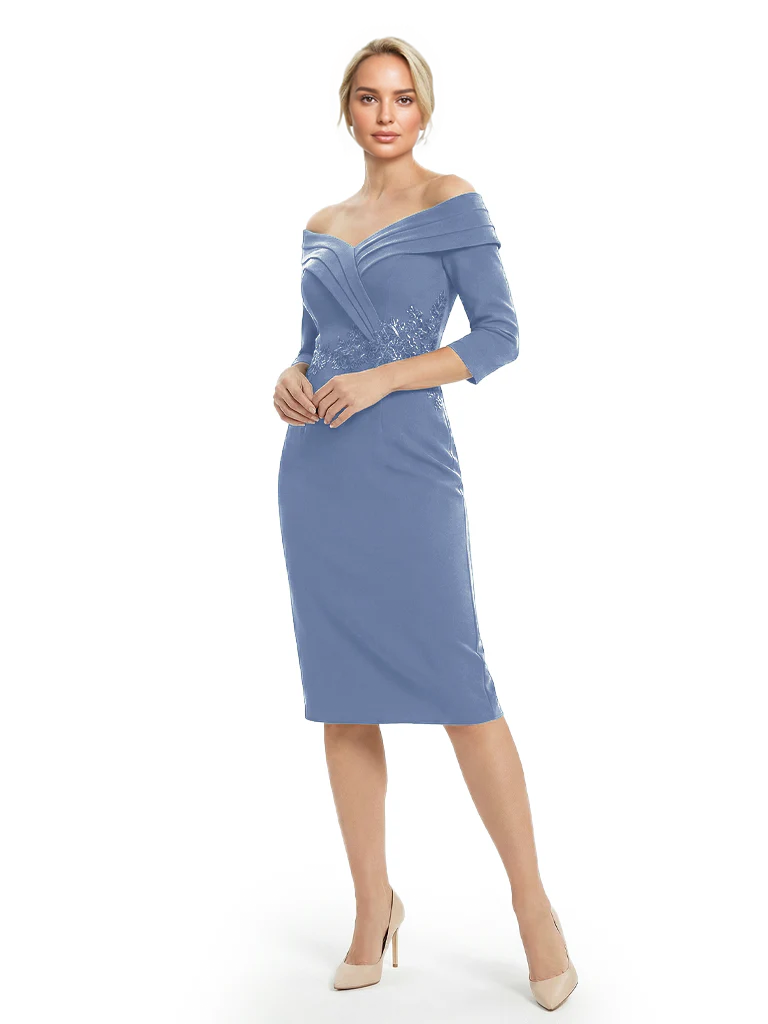 Mother of The Groom Dresses Off The Shoulder 3/4 Sleeve Satin Sheath Midi Dress Pretty Lace Detailed Formal Bridal Party Attire