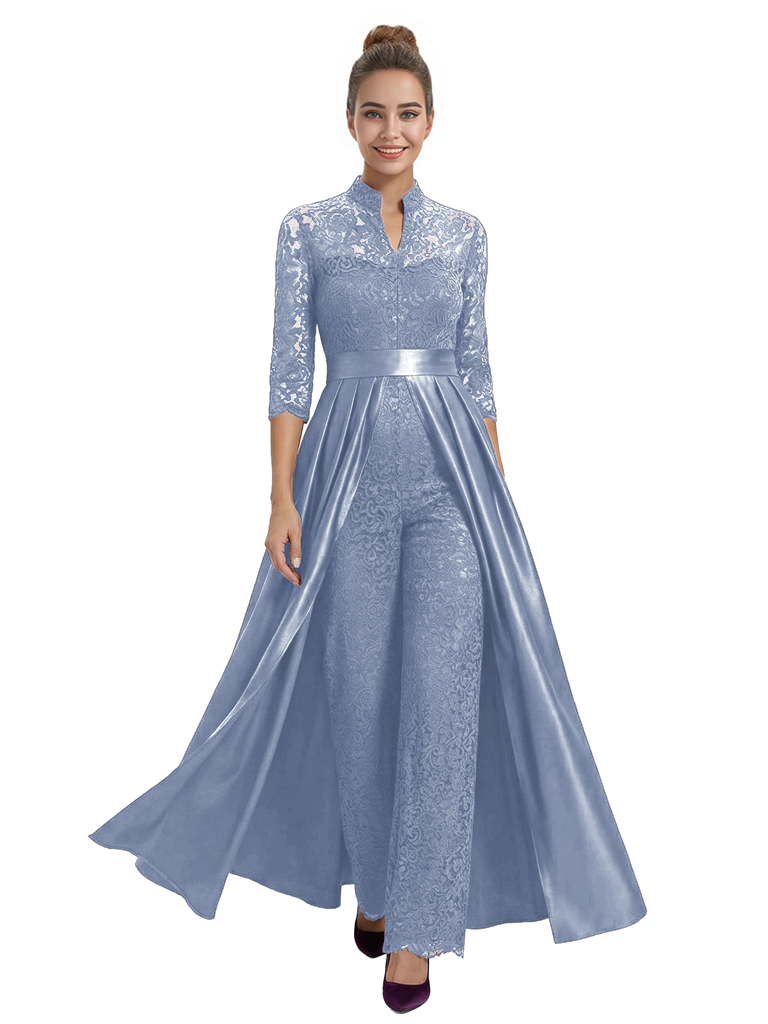 Mother of The Groom Outfit V-Neck 3/4 Sleeve Lace Pantsuit Satin Overskirt