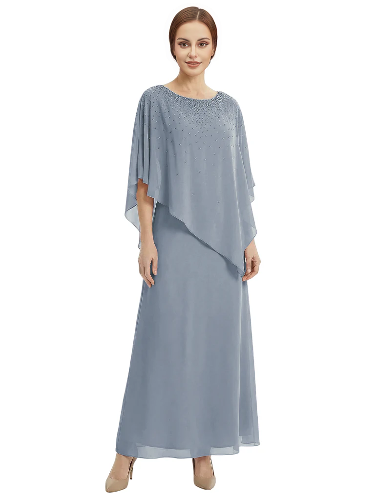 Classy Beaded Chiffon Overlay Poncho Style Mother of the Bride Gown
