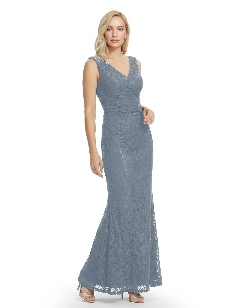 Mother of The Bride Dresses V-Neck Sleeveless Lace Mermaid Maxi Gown Elegant Flowy Formal Wedding Event Dress