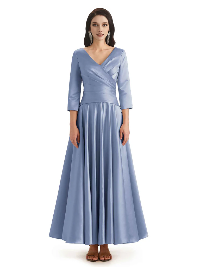 Elegant Soft Satin 3/4 Sleeves V-Neck Ankle Length Mother of The Bride Dresses