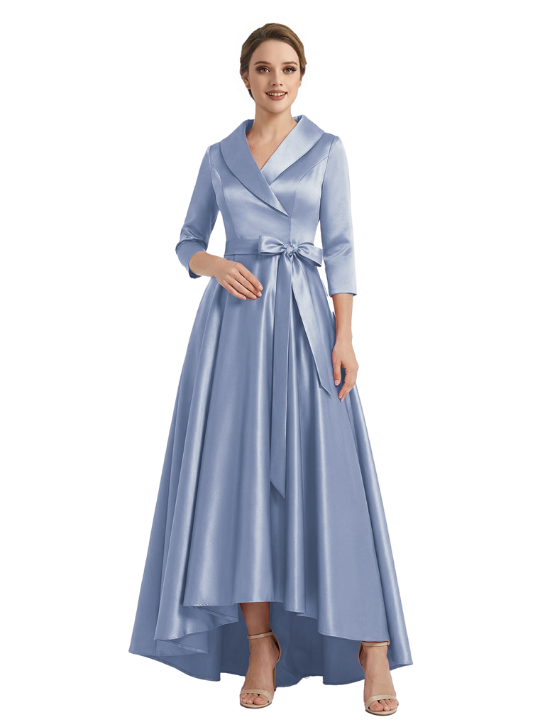 Modern High-Low 3/4 Sleeves Satin Mother Of The Bride Dress With Bow Knot