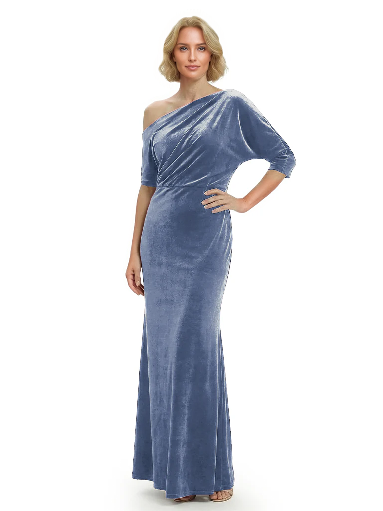 Sophisticated Asymmetrical Neckline Velvet Half Sleeves Maxi Mother Of The Groom Dress