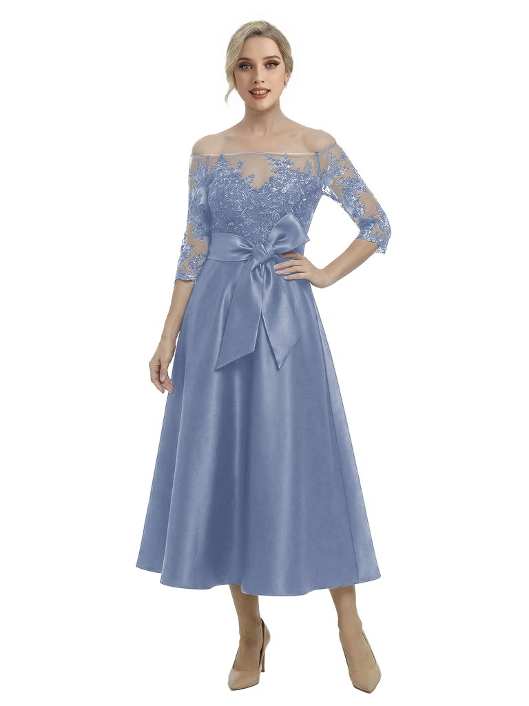 Unique Off Shoulder Tea-Length Satin Mother Of The Bride Dress With Lace Illusion
