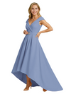 Mother of The Groom Dress Fancy Cap Sleeve Crepe High-Low A-Line Gown Elegant Belt Accent