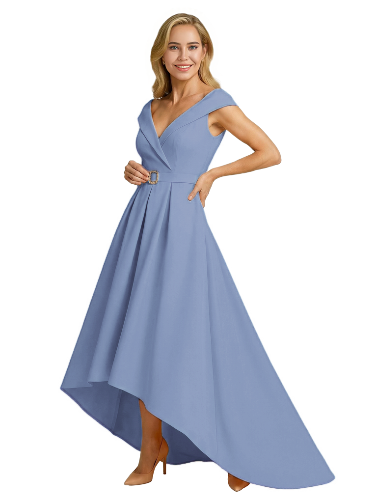 Mother of The Groom Dress Fancy Cap Sleeve Crepe High-Low A-Line Gown Elegant Belt Accent