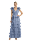 Mother of The Bride Dresses V-Neck Sleeveless Satin Tiered Maxi Gown Unique Flower Detailed Formal Wedding Event Attire