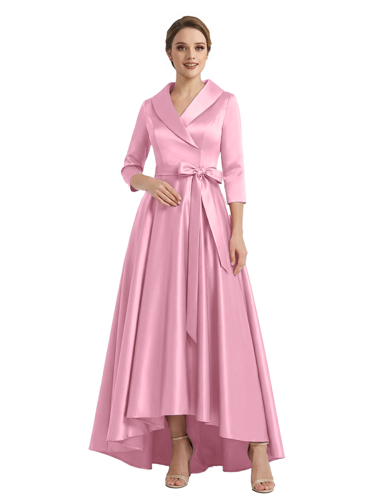 Modern High-Low 3/4 Sleeves Satin Mother Of The Bride Dress With Bow Knot