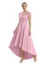 Elegant Mother of The Bride Dress Scoop Short Sleeve Lace Satin High-Low A-Line Gown