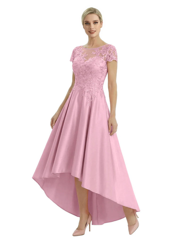 Elegant Mother of The Bride Dress Scoop Short Sleeve Lace Satin High-Low A-Line Gown