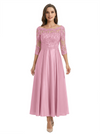 Mother of The Groom Dress Off Shoulder 3/4 Sleeve Lace Satin Midi Gown Classy Pleated