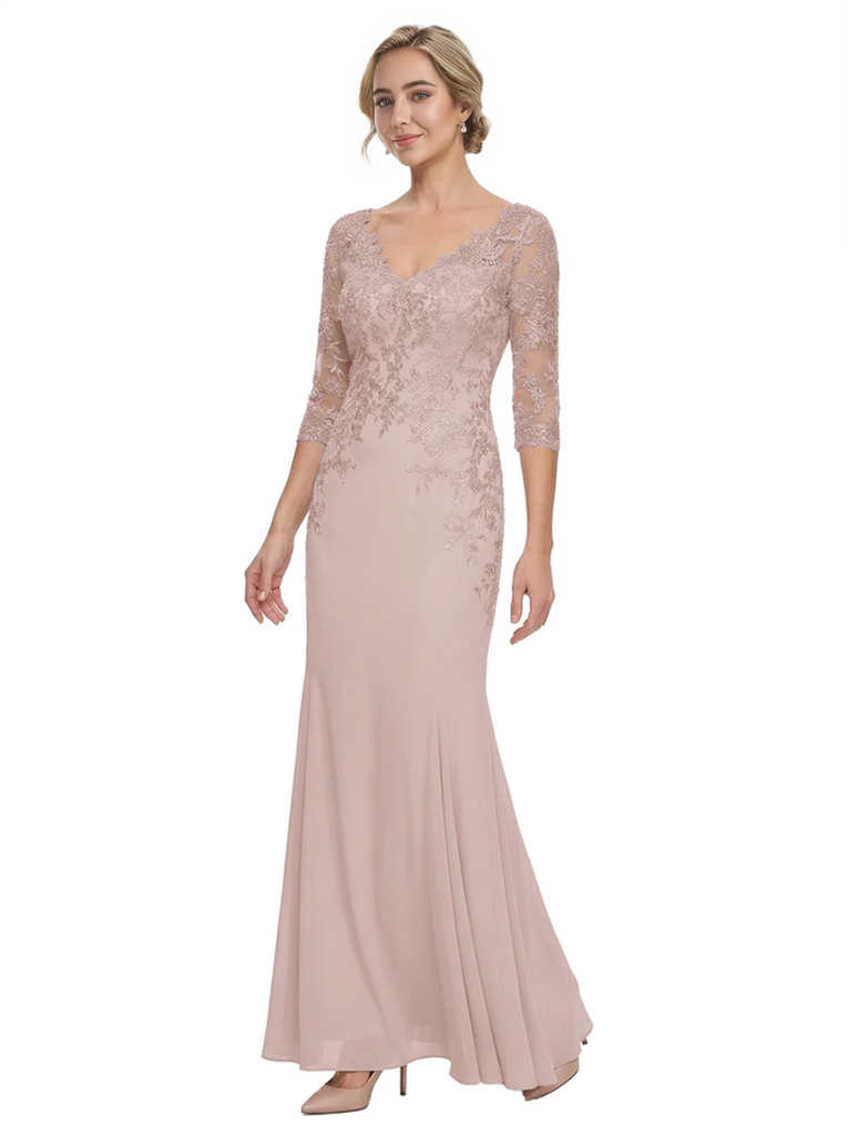 Mother of The Bride Gown V-Neck Half Sleeve Lace Chiffon Trumpet Maxi Dress Unique Sophisticated