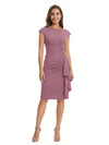 Mother of The Bride Dress Beautiful Jewel Cap Sleeve Crepe Sheath Midi Gown Ruffled Stylish Design