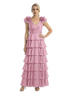 Mother of The Bride Dresses V-Neck Sleeveless Satin Tiered Maxi Gown Unique Flower Detailed Formal Wedding Event Attire