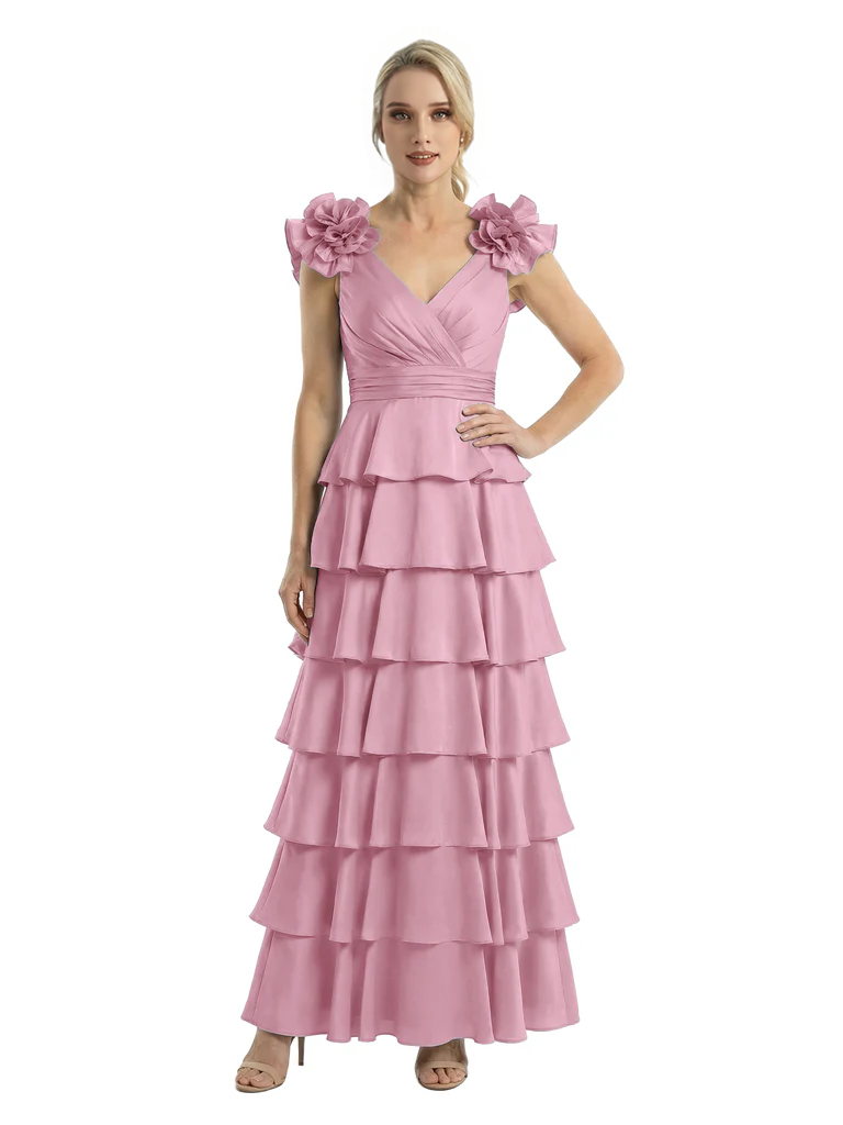 Mother of The Bride Dresses V-Neck Sleeveless Satin Tiered Maxi Gown Unique Flower Detailed Formal Wedding Event Attire