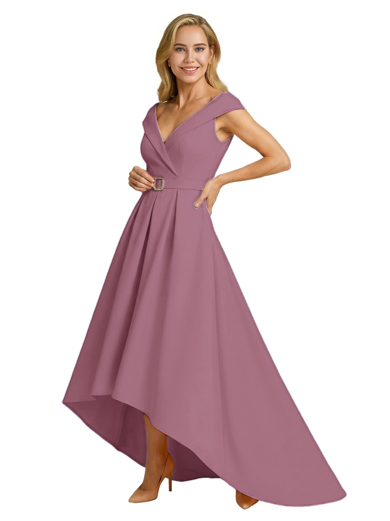 Mother of The Groom Dress Fancy Cap Sleeve Crepe High-Low A-Line Gown Elegant Belt Accent