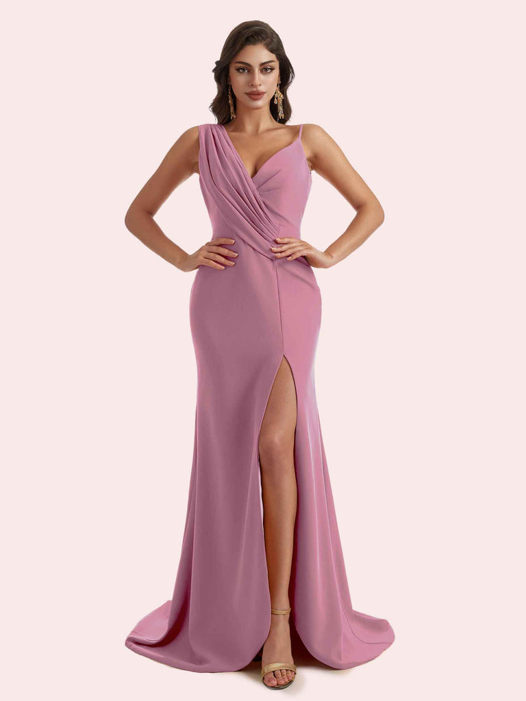 v-neck crepe mermaid bridesmaid dress Gorgeous Mermaid Side Slit V Neck Crepe Long Bridesmaid Dress For Wedding