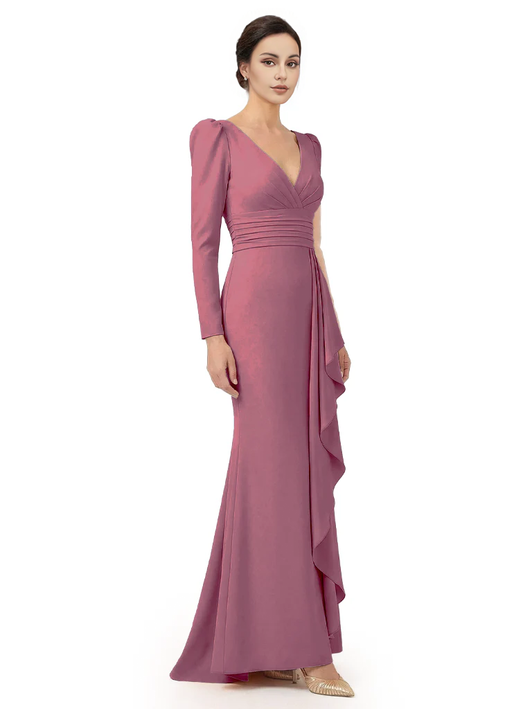 V-Neck Long Sleeves Ruffle Crepe Mother Of The Groom Dress Mermaid