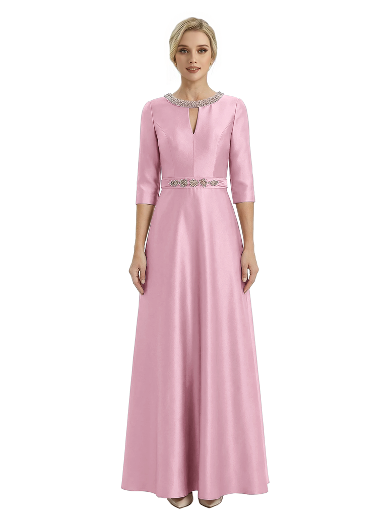 Sophisticated 3/4 Sleeves Beaded A-Line Satin Mother Of The Bride Dress