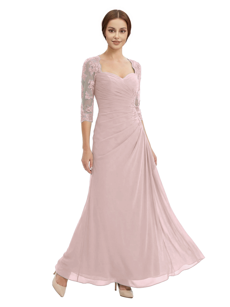 Sweetheart Ruched Lace 3/4 Sleeves A-Line Chiffon Mother Of The Groom Dress